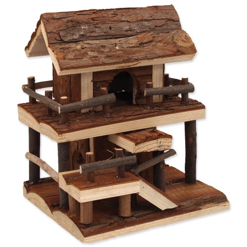 SMALL ANIMALS two-storey wooden house with bark 17 x 15 x 20 cm